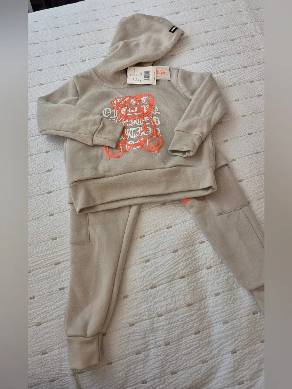 2 PC Kids Beige Hoodie And Pants with Orange Teddy Graphic